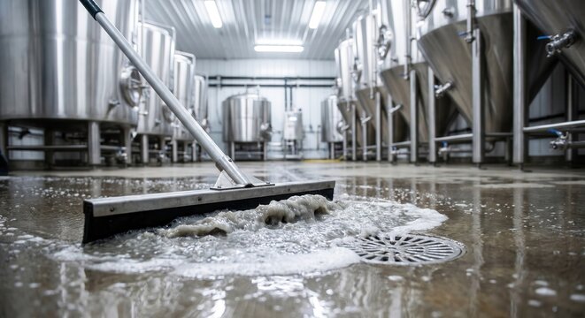 Cleaning brewery floor with squeegee and water toward drain