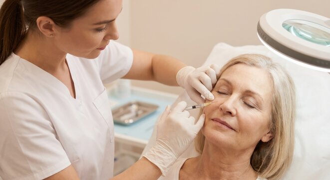 Aesthetician injecting dermal filler into mature woman's face