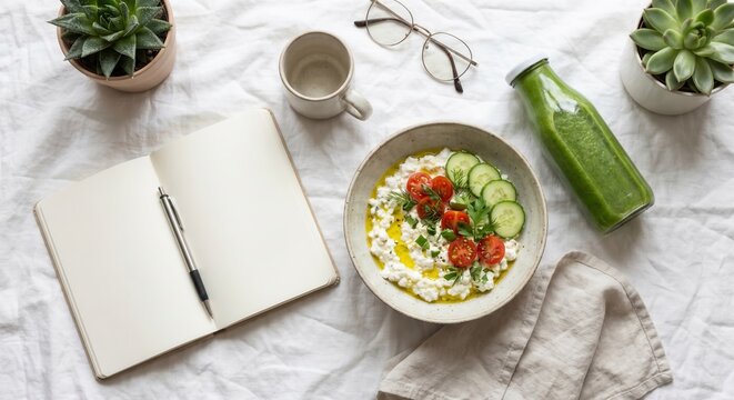 Healthy morning wellness flat lay with journal and breakfast bowl