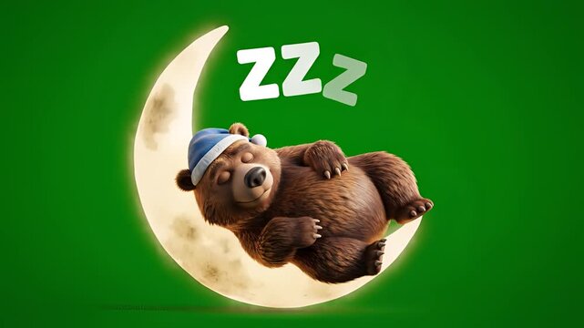 Cute cartoon bear sleeping on crescent moon with Zzz text.