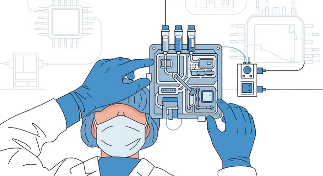 Scientist in protective gear holds advanced microfluidic chip with test tubes, laboratory equipment