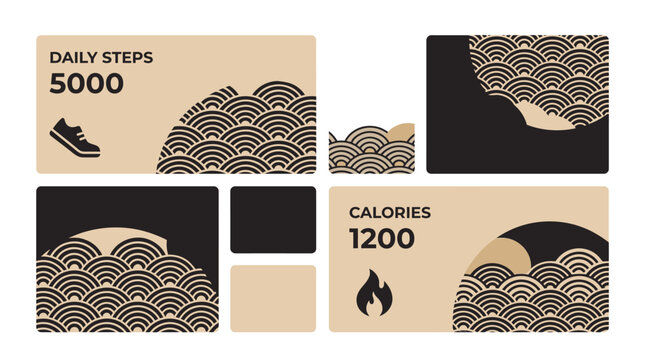 Pixelated health tracker dashboard elements showing daily steps and calories burned with a traditional Japanese wave pattern