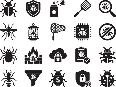 Bug and Insect Icons Set for Cybersecurity and Pest Control