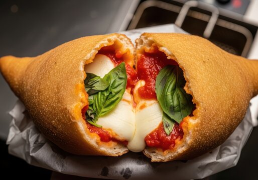 Deepfried italian panzerotto stuffed with tomato sauce and mozzarella