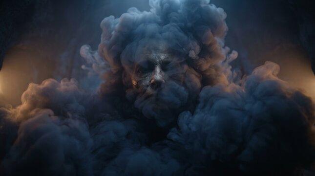 Human face emerging from thick swirling gray smoke in a dark atmospheric setting creates a mysterious mood that evokes deep thoughts about life and death