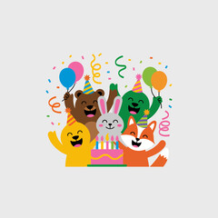 Fototapeta premium Colorful cartoon animals celebrating birthday with cake