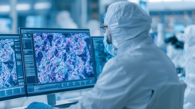 Industrial scientist conducting rare earth mineral analysis in a cutting-edge lab, utilizing advanced scanning technology, focused on scientific research and mineral evaluation.