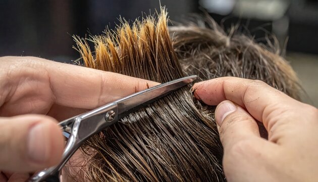 Close-up of a hairdressers hands cutting a clients hair with scissors.