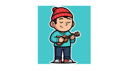 Fototapeta premium cartoon boy playing a ukulele colorful vector illustration on teal background
