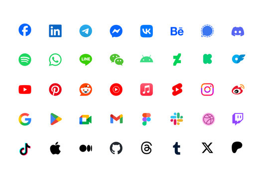 Collection of popular social media and technology app icons isolated editorial illustration