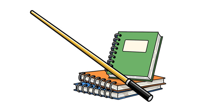 stack of spiral notebooks and a wooden pointer on a white background
