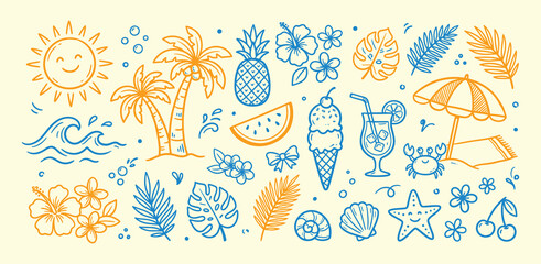 Fototapeta premium Vibrant summer icons collection with tropical elements and refreshing drinks on cream background