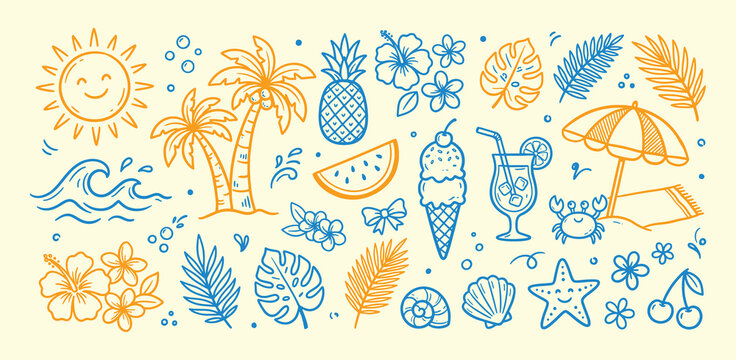 Vibrant summer icons collection with tropical elements and refreshing drinks on cream background