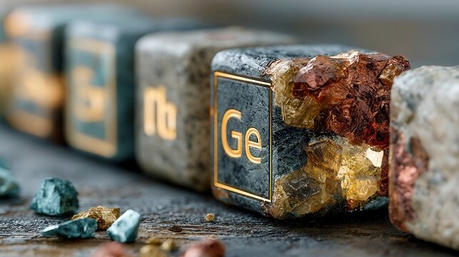 Vibrant infographic of rare earth elements featuring luminous periodic table symbols, intricate mineral textures, sleek futuristic design, educational chemistry visualization.
