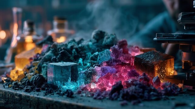 Glowing Rare Earth Element Samples in Advanced Laboratory, Illuminated Under Ultraviolet Light, Surrounded by Scientific Instruments, Exploring Mineral Science and Advanced Materials