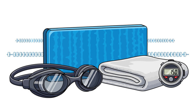 Swimming gear essentials: goggles, towel, stopwatch, and kickboard