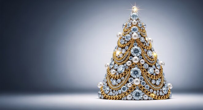 A glitzy holiday display features an elegant seasonal tree shape meticulously constructed from shimmering diamonds, gold chains, and pearls, pearls, abstract, tradition