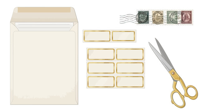Vintage stationery set with envelope, scissors, and postage stamps for crafting