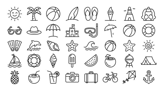 Set of summer beach and vacation outline icons