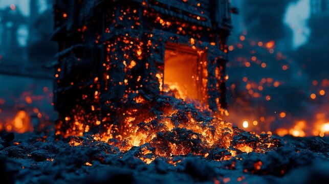 Glowing Machinery in Rare Earth Extraction, visualizing the industrial refining of minerals, showcasing molten materials in a cinematic manufacturing environment with open space