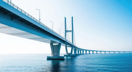 Fototapeta premium A majestic modern bridge spans across the deep blue ocean waters, vanishing into the horizon under a bright clear sky during a calm day, calm, landscape, nautical