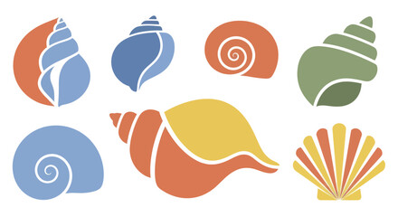 Colorful Assortment of Stylized Seashells and Snail Shells. © Enggal
