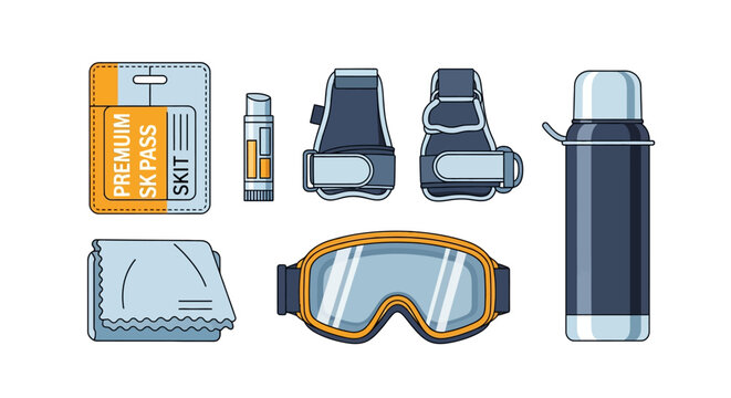 Essential winter ski gear: pass, goggles, bindings, thermos, and chapstick in modern flat style