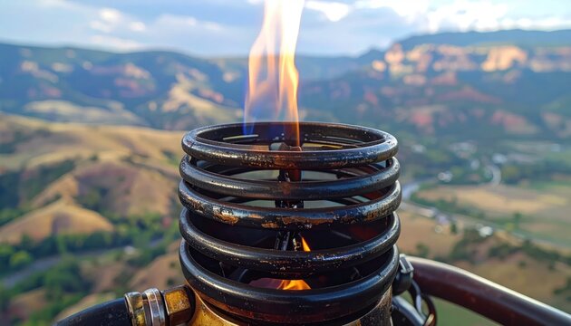 Close-up of a hot air balloon burner with flame igniting above a scenic landscape.