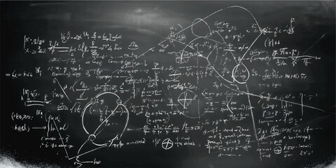 Complex mathematical equations and formulas scribbled on a chalkboard with problem solving abstract math mathematics equations formulas calculus © Manjur