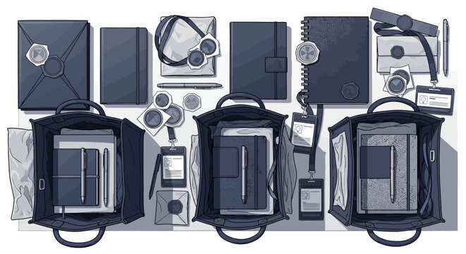 Minimalist desktop workspace with office supplies, notebook, and stationery in monochrome style