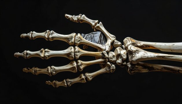Close-up of a Human Hand Skeleton Against a Black Background.