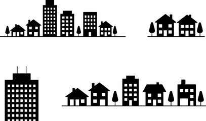 Obraz premium Urban cityscape silhouette collection featuring residential houses and modern buildings isolated for architecture and real estate design projects