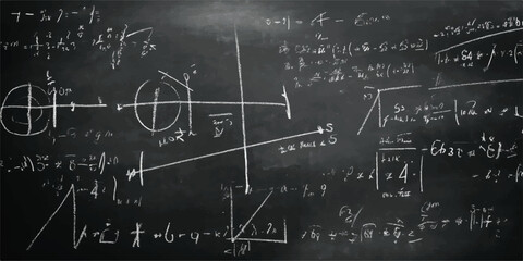 Mathematical formulas and geometric diagrams on a dark chalkboard with problem solving abstract math geometry diagram mathematics equations © Manjur