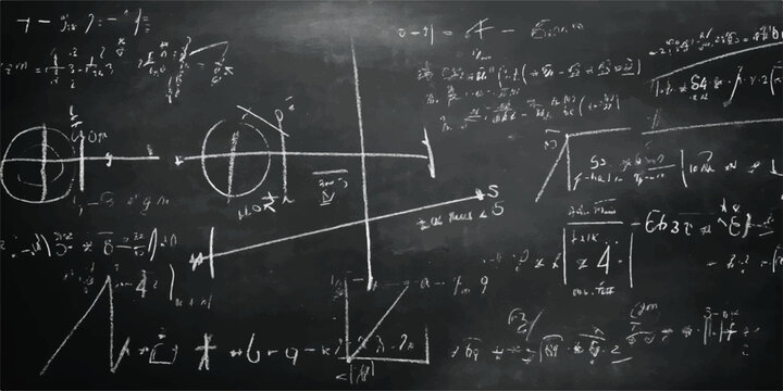 Mathematical formulas and geometric diagrams on a dark chalkboard with problem solving abstract math geometry diagram mathematics equations