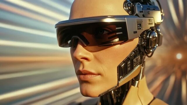 Tracking shot of female android turning head and scanning with visor in futuristic studio radial light backdrop