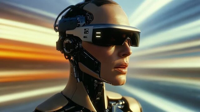 Tracking shot of android head turning and scanning with visor against streaked light background in futuristic studio environment