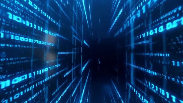 Tracking shot of scrolling binary code rushing through digital tunnel with blue neon light