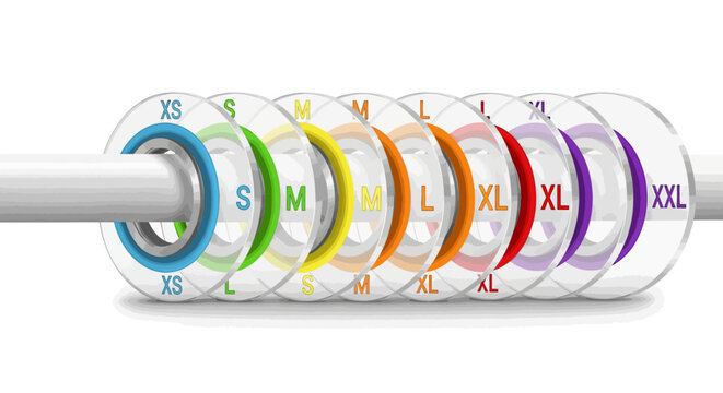 Colorful circles with size labels from xs to xxl on gradient background