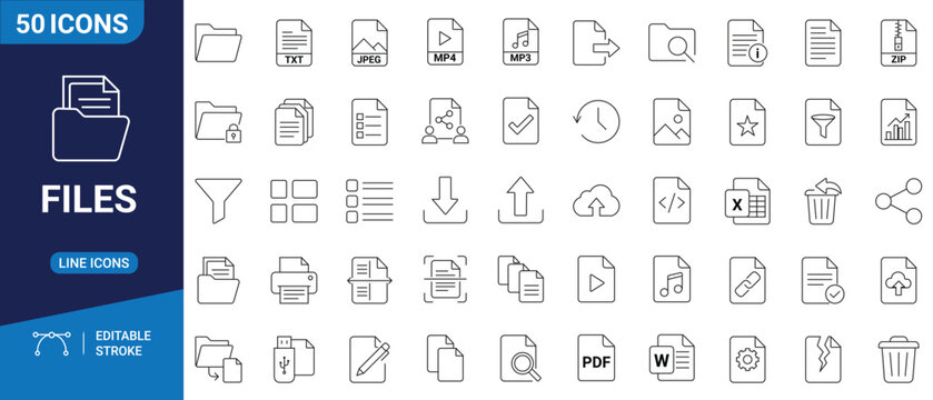 Files set icon featuring minimalist outline illustrations of document management, data organization, and digital archiving.