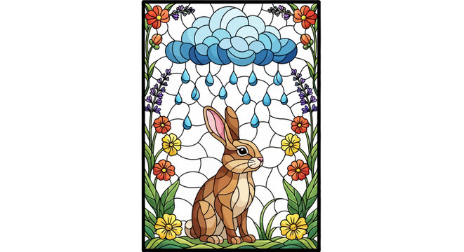 Stained glass rabbit under raincloud with colorful floral border