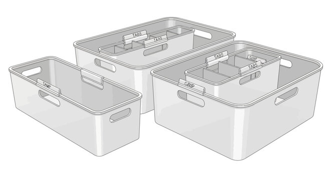 Isometric transparent storage containers organizers with labels
