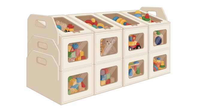 Wooden toy storage organizer with colorful toys in cubby boxes