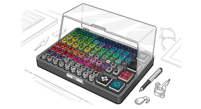 Colorful mechanical keycaps displayed in transparent case on desk