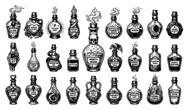 Fantasy Potion Bottle Outline Vector with Poison and Love Elixir Sketch Art