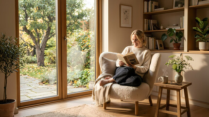 Obraz premium A smiling young woman sits happily on a living room sofa by the window inside her home, enjoying a relaxed lifestyle