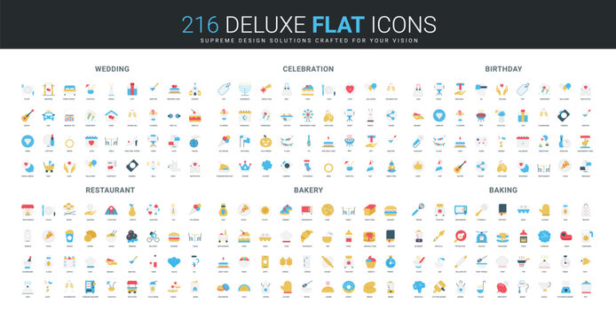 Comprehensive flat icon collection featuring wedding, celebration, birthday, restaurant, bakery, and baking themes with colorful modern symbols isolated vector illustration