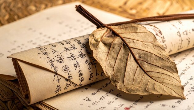 An aged Buddhist palm leaf manuscript with Pali script and a dried leaf rests on an open book.