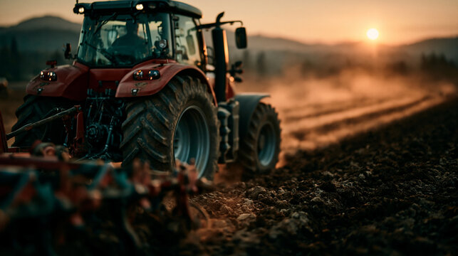 Eye-level close-up photograph of a modern red agricultural tractor cultivating dark soil field, throwing up dust trails against a warm sunset horizon.