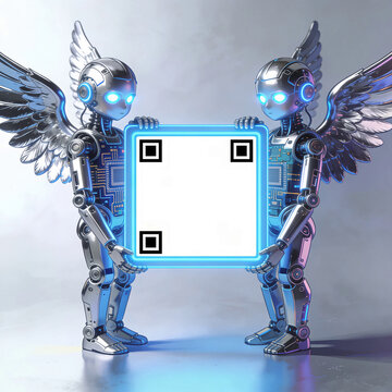 due piccoli angeli robot tengono in mano lo spazio vuoto dove mettere un qr code, two small robot angels hold in their hands the empty space where to put a QR code