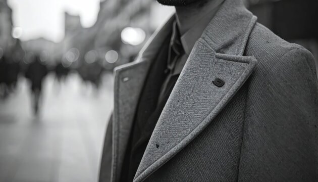 Close-up of a man wearing a stylish wool coat in black and white.